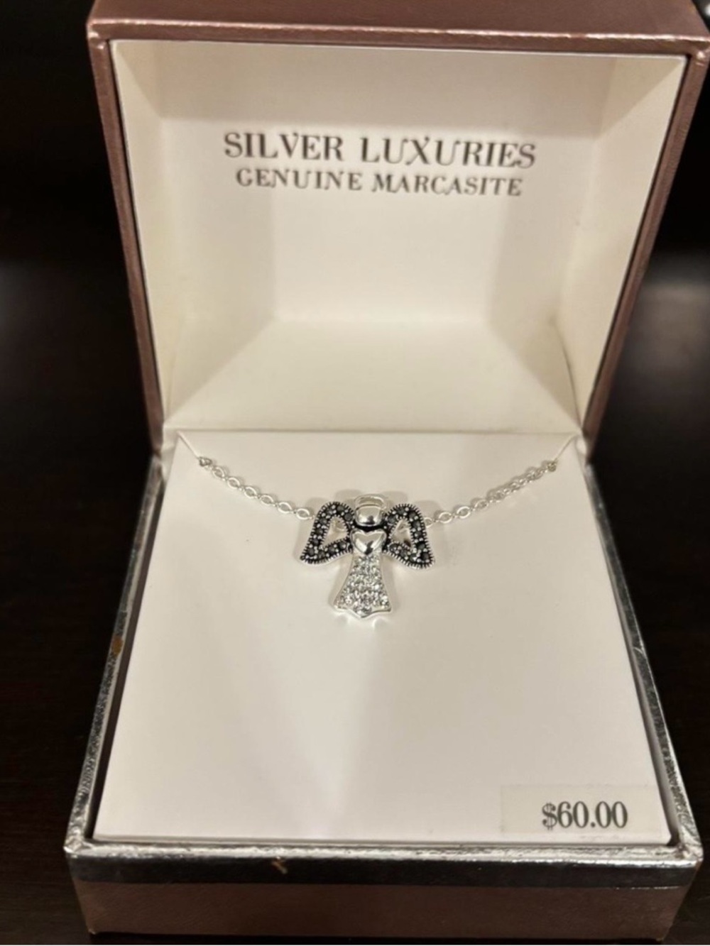 Silver Marcasite Angel Pendant Necklace - Silver